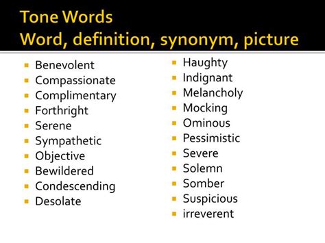 An ironic tone calls attention to the difference between the way a subject is described and what is a. . Tone synonym